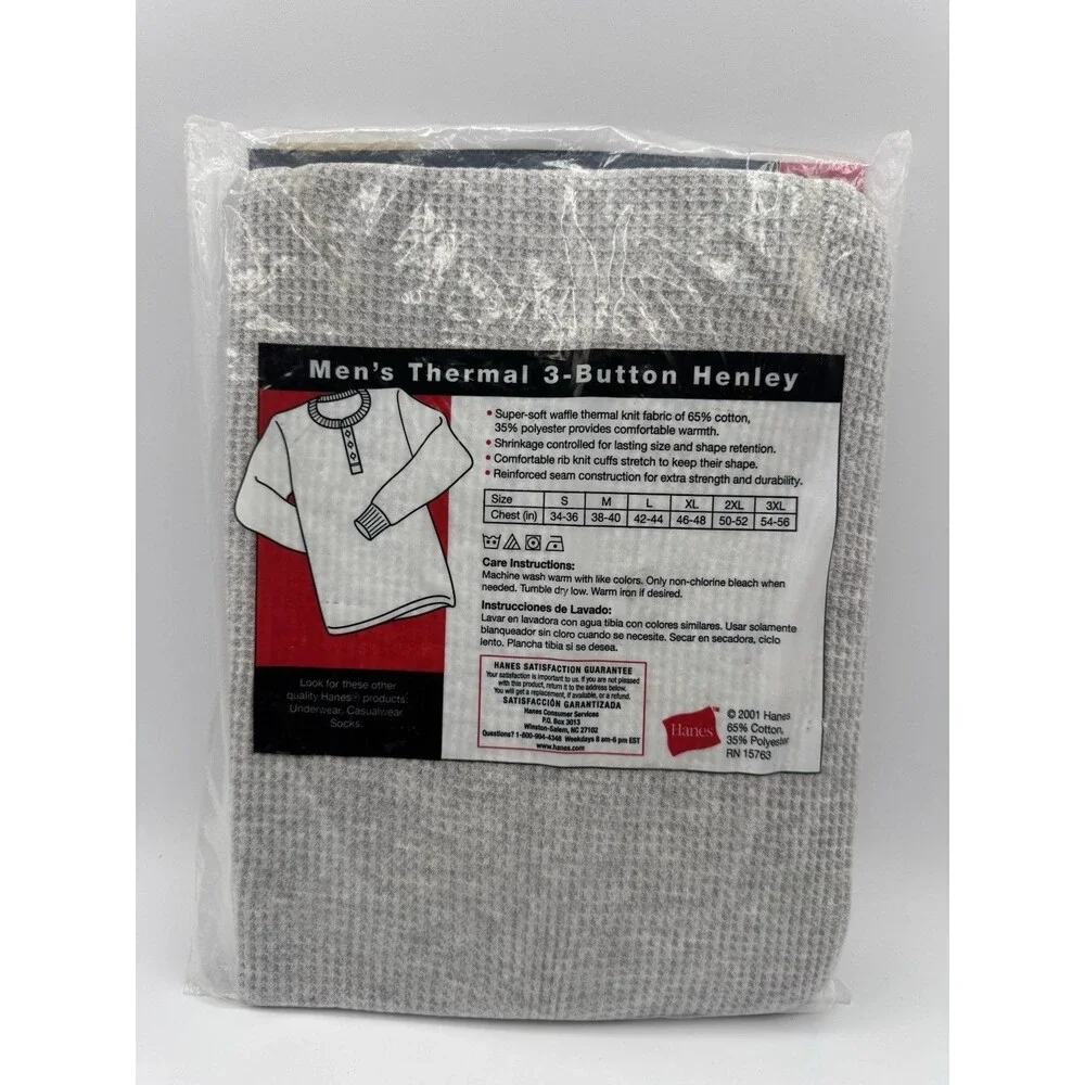 Hanes Men’s Thermal 3-Button Henley Large NOS Y2K 2001 Sealed